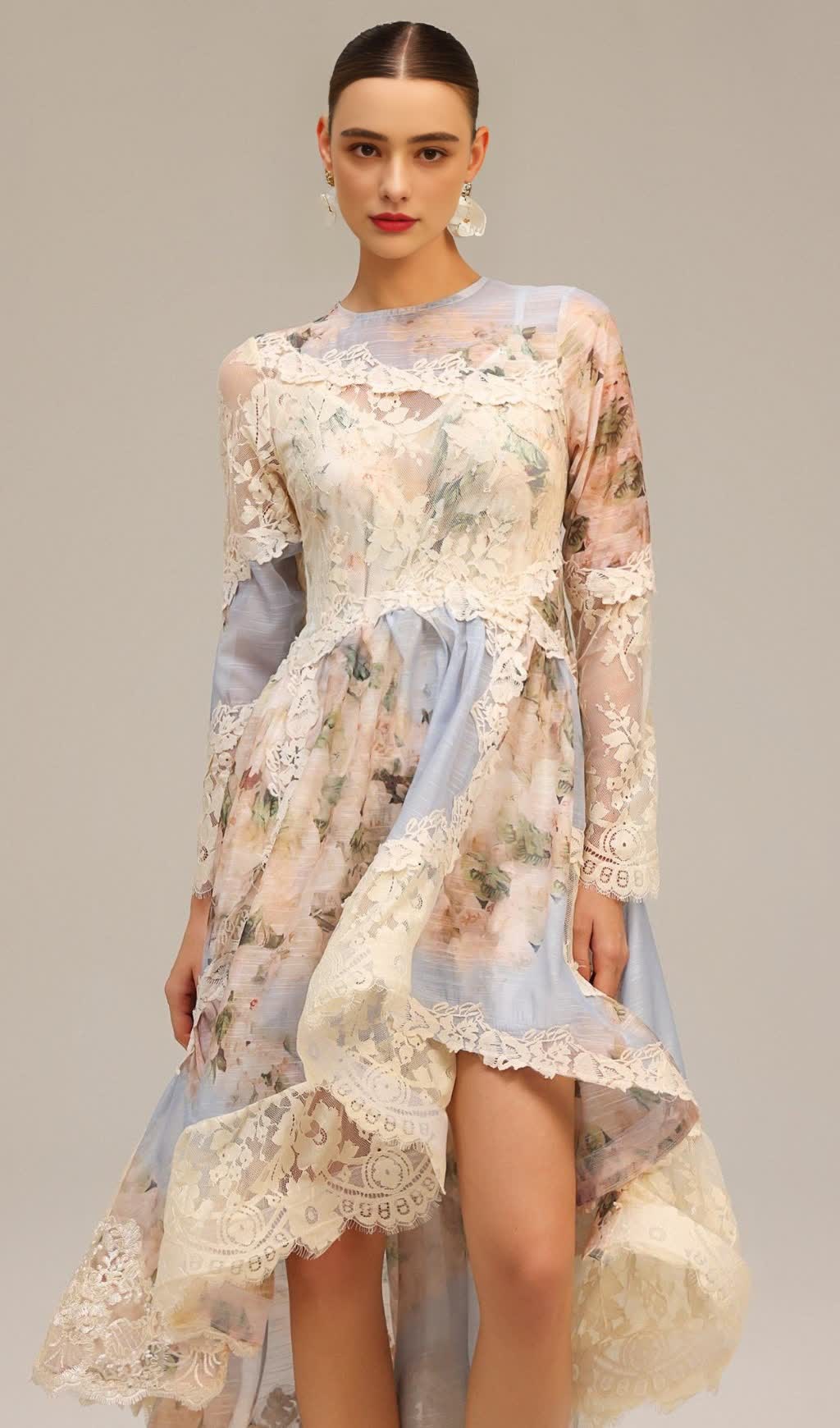 KRISTIN LONG SLEEVES FLORAL PRINTED ASYMMETRIC LACE MAXI DRESS