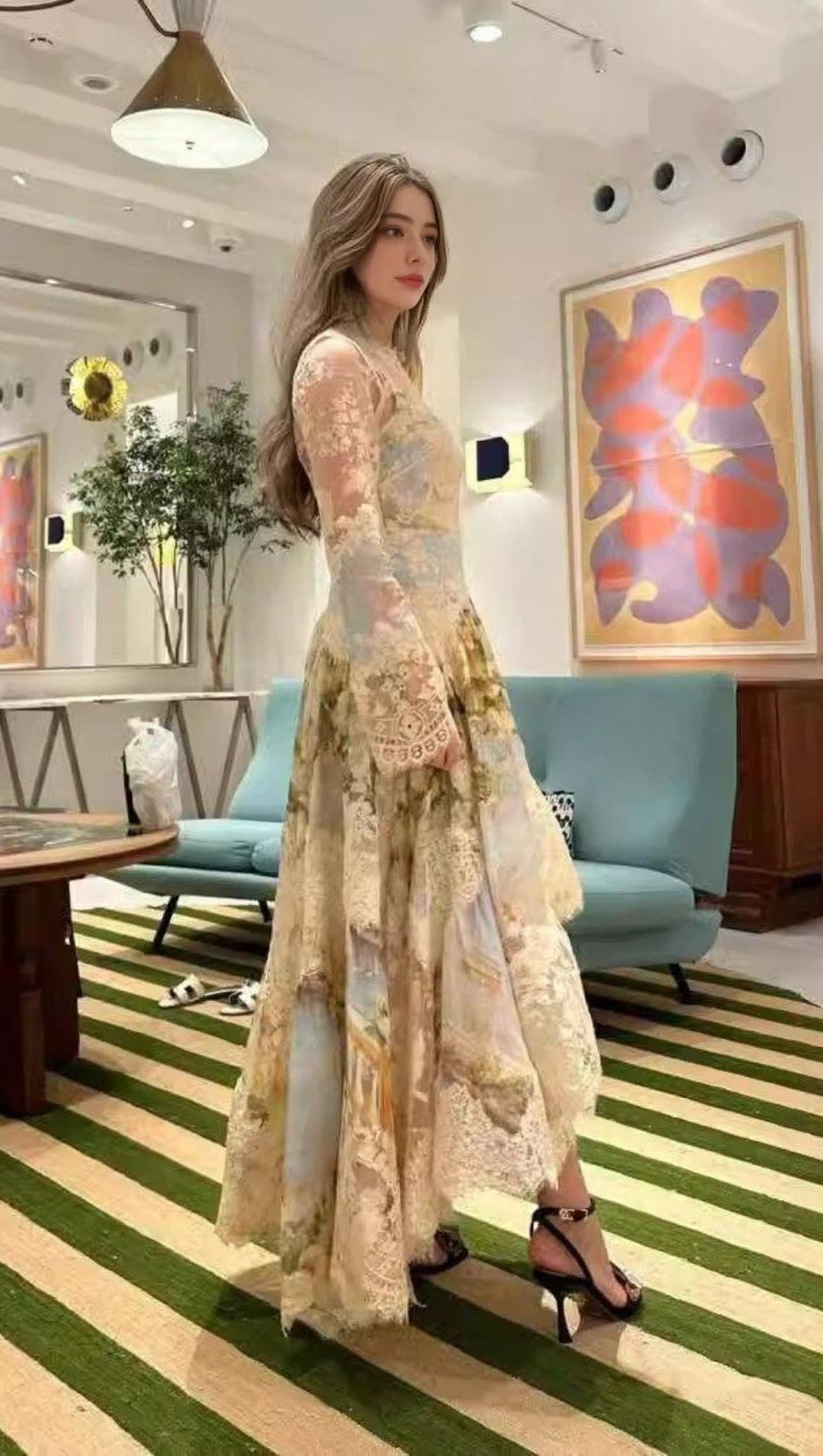 KRISTIN LONG SLEEVES FLORAL PRINTED ASYMMETRIC LACE MAXI DRESS