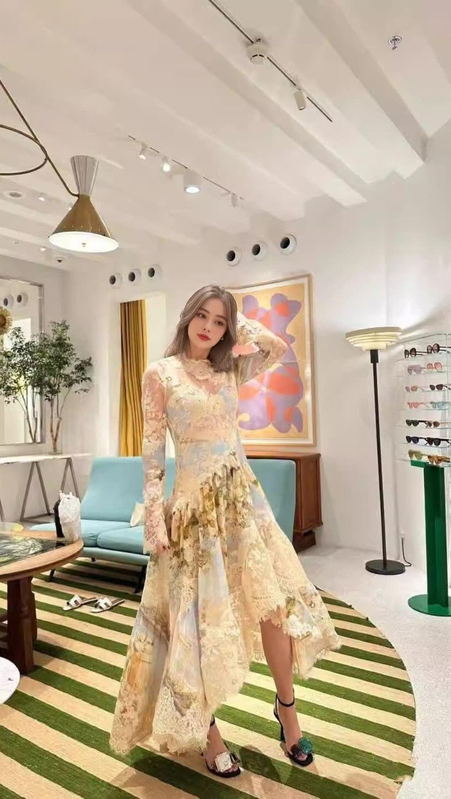 KRISTIN LONG SLEEVES FLORAL PRINTED ASYMMETRIC LACE MAXI DRESS