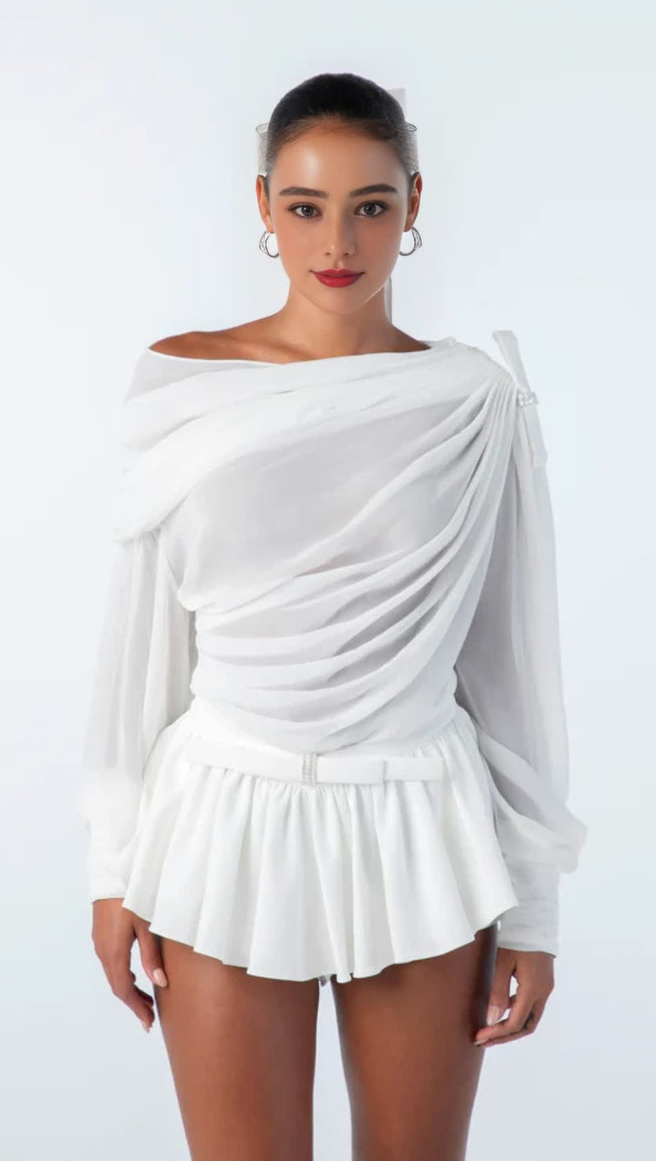 RUCHED CHIFFON RUFFLE TWO PIECE SET - WHITE