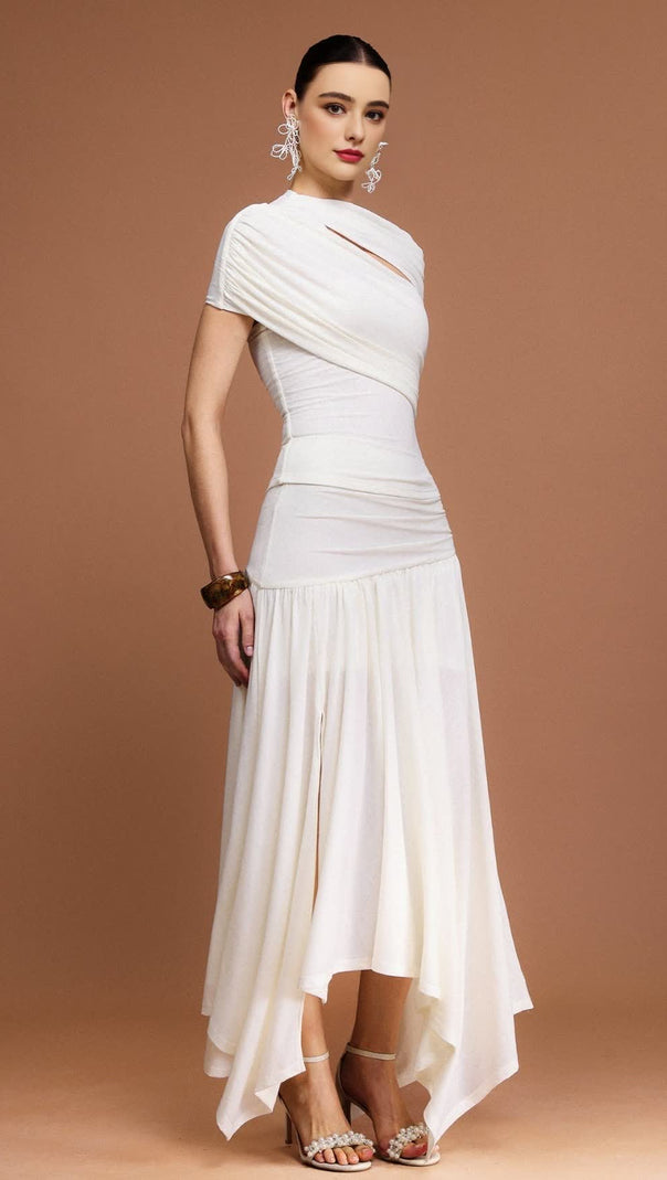 AIIZIE KRISTIN SHORT SLEEVES ASYMMETRIC FOLDS TOP AND SKIRT TWO-PIECE SET - product image