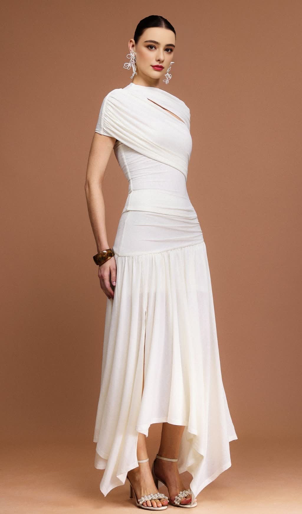 KRISTIN SHORT SLEEVES ASYMMETRIC FOLDS TOP AND SKIRT TWO-PIECE SET