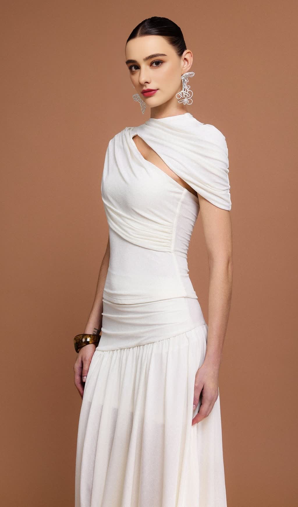 KRISTIN SHORT SLEEVES ASYMMETRIC FOLDS TOP AND SKIRT TWO-PIECE SET