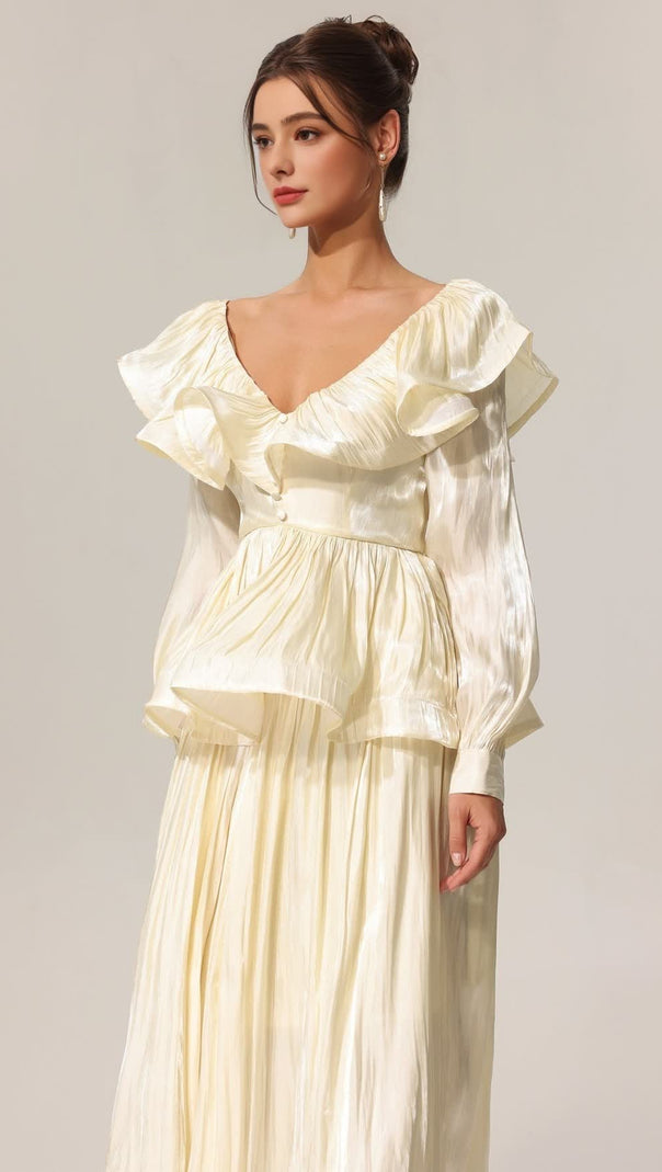 AIIZIE JENNIFER FOLDS V-NECK LONG SLEEVES TOP AND SKIRT TWO-PIECE SET - product image