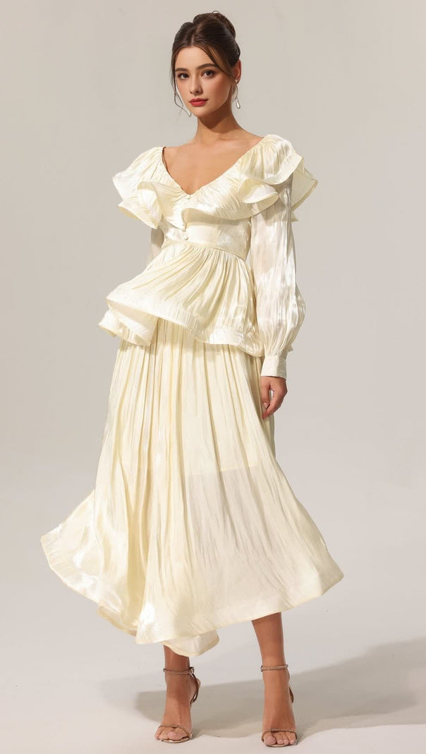 AIIZIE JENNIFER FOLDS V-NECK LONG SLEEVES TOP AND SKIRT TWO-PIECE SET - product image