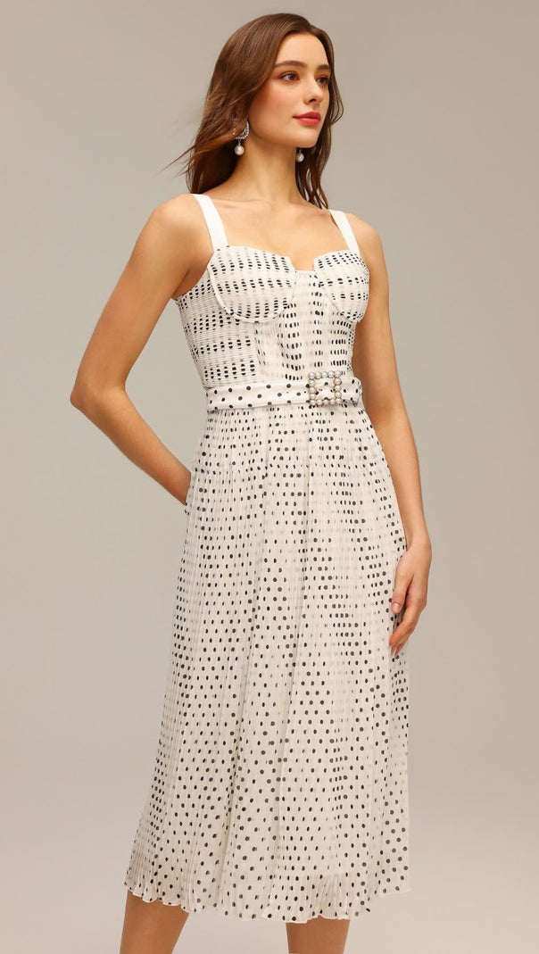 AIIZIE JANICE HALTER PEARL DOT PRINTED FOLDS MIDI DRESS - product image