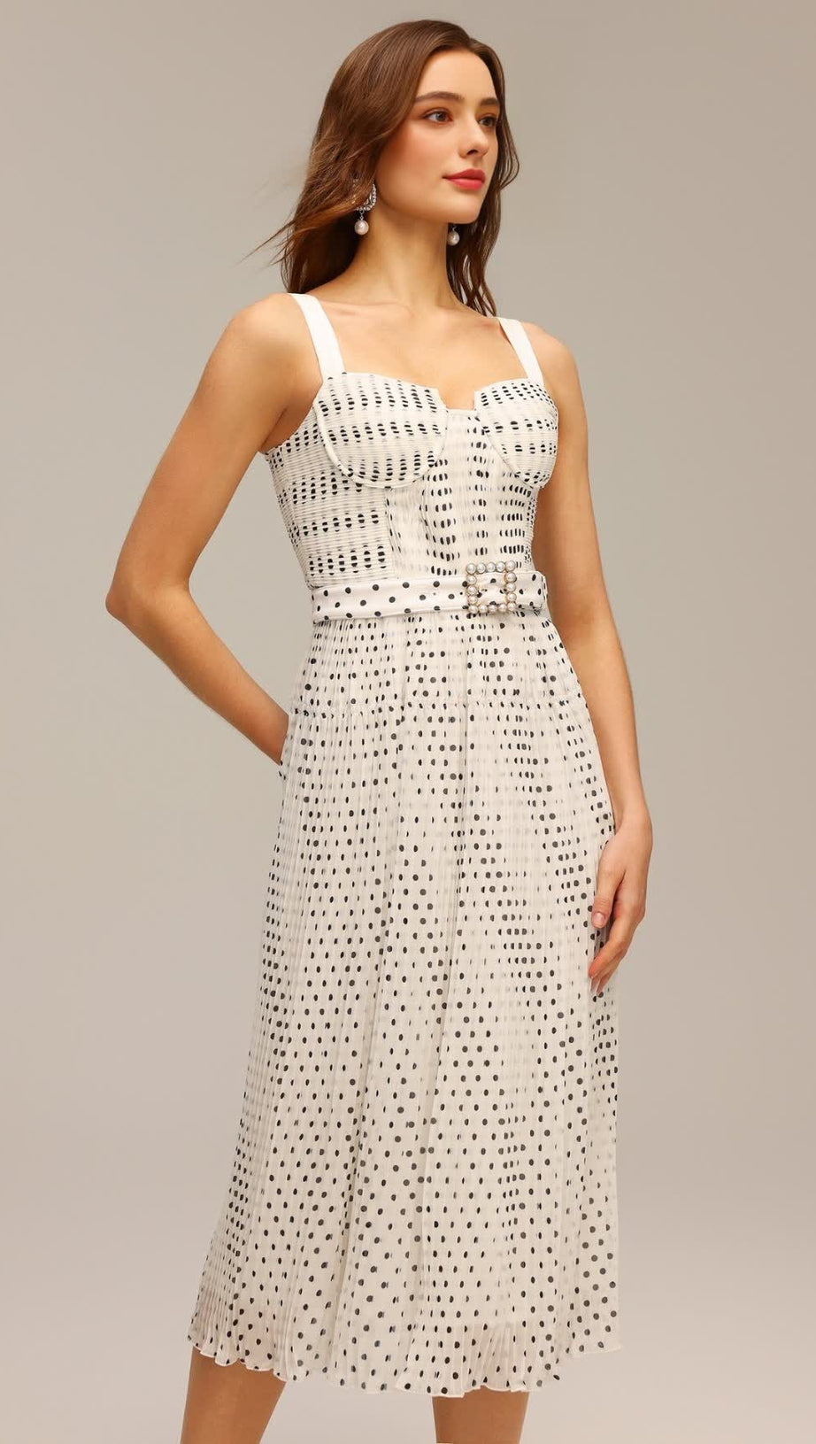 JANICE HALTER PEARL DOT PRINTED FOLDS MIDI DRESS