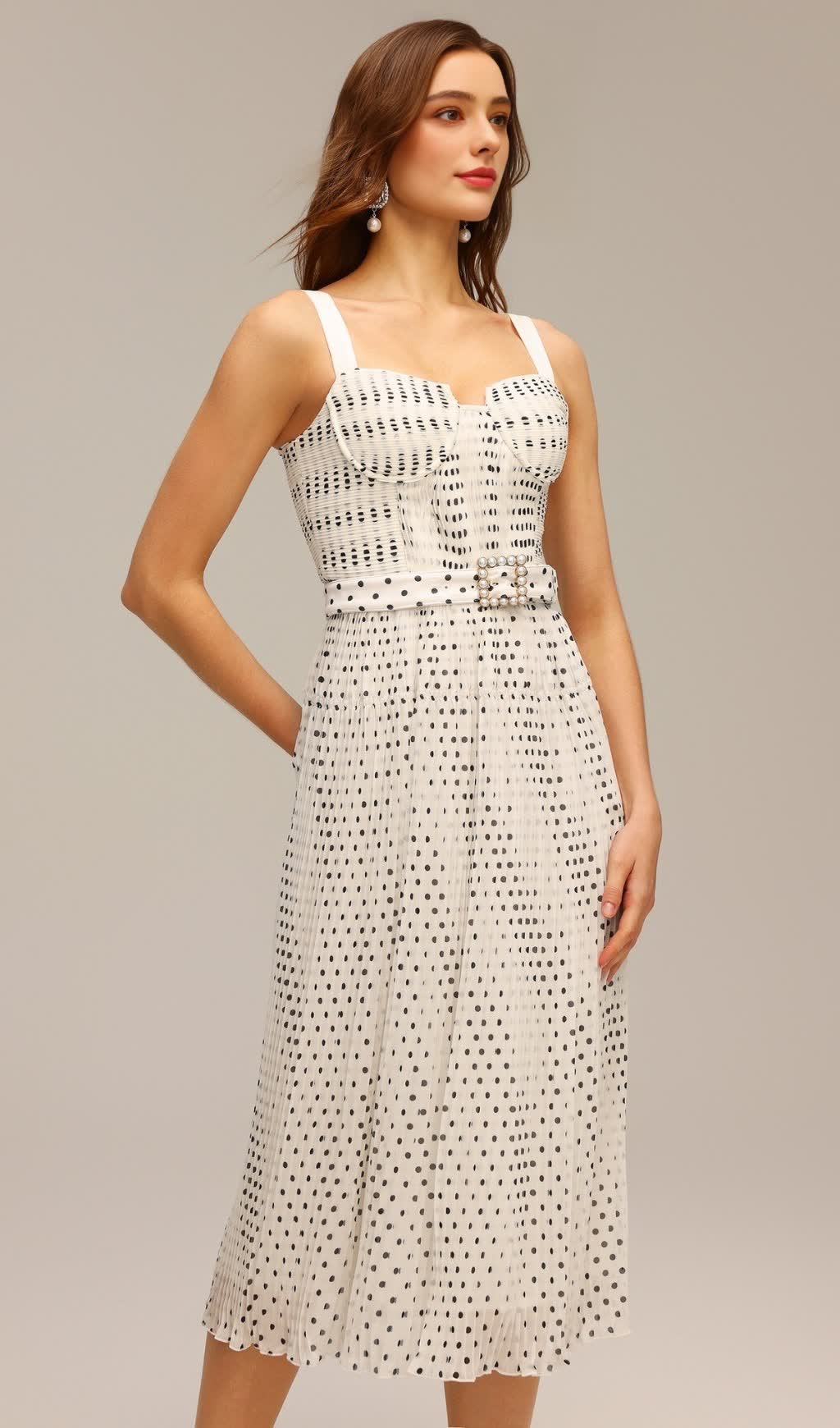 JANICE HALTER PEARL DOT PRINTED FOLDS MIDI DRESS