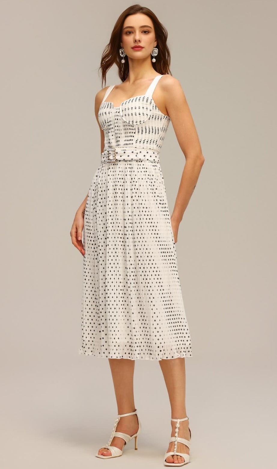 janice Halter Pearl Dot Printed Folds Midi Dress