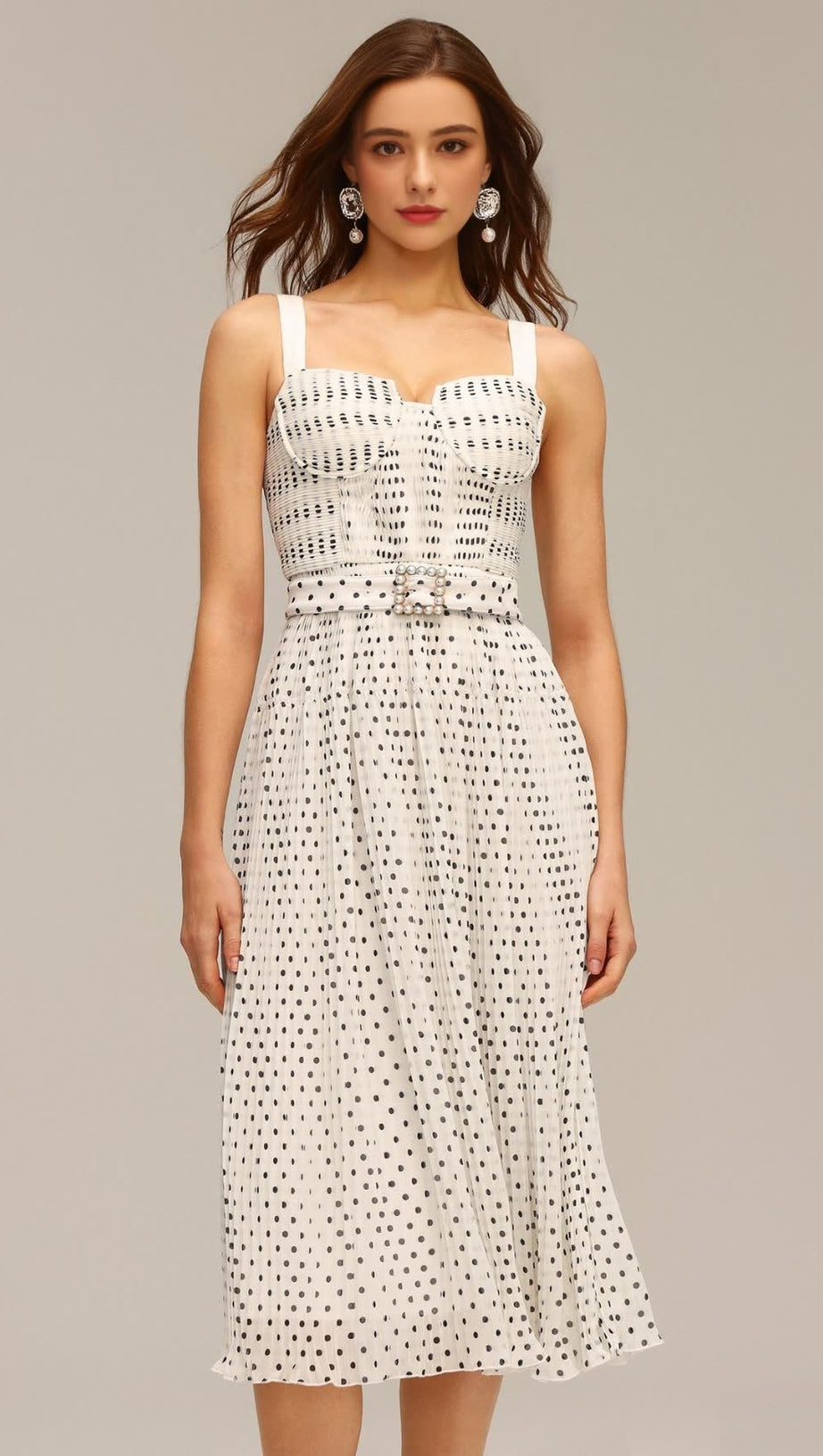 JANICE HALTER PEARL DOT PRINTED FOLDS MIDI DRESS