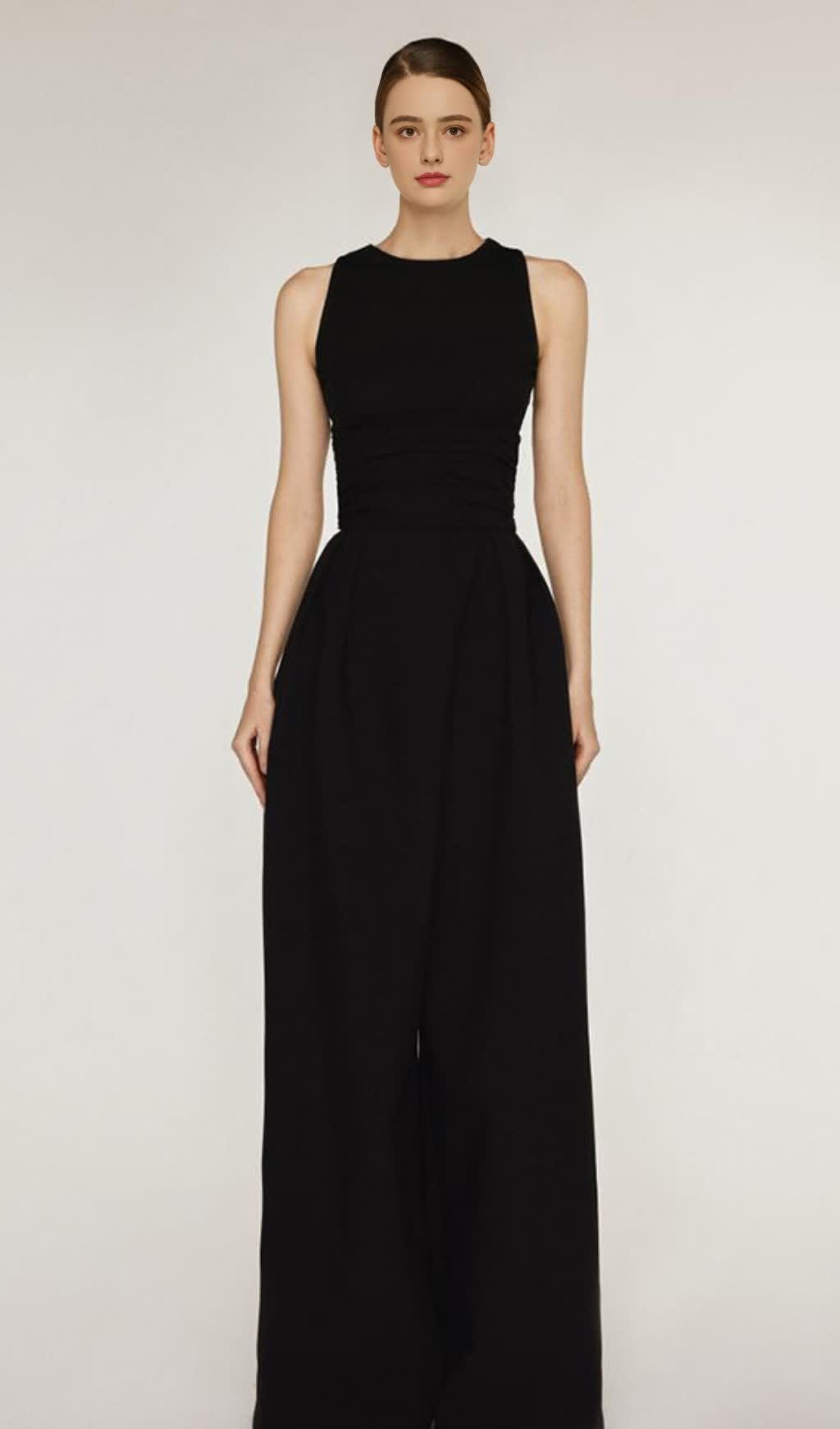 Ärmelloses Stretch-Tanktop-Set mit Bundfaltenhose in Schwarz