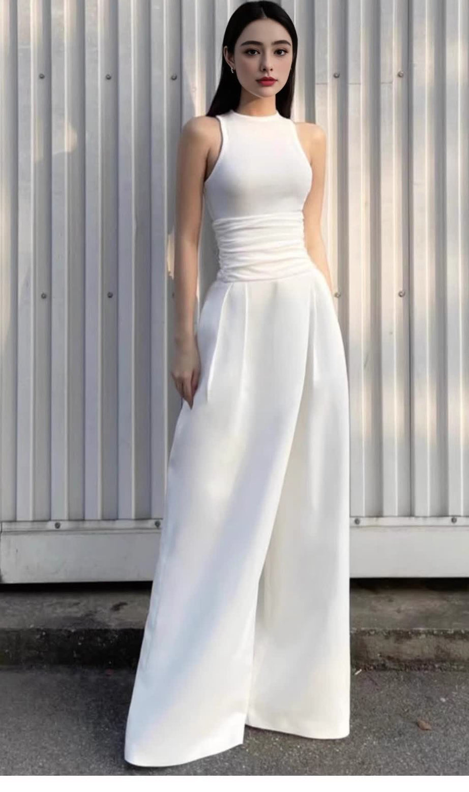 Stretch Sleeveless Tank Top Pleated Pants Set in white