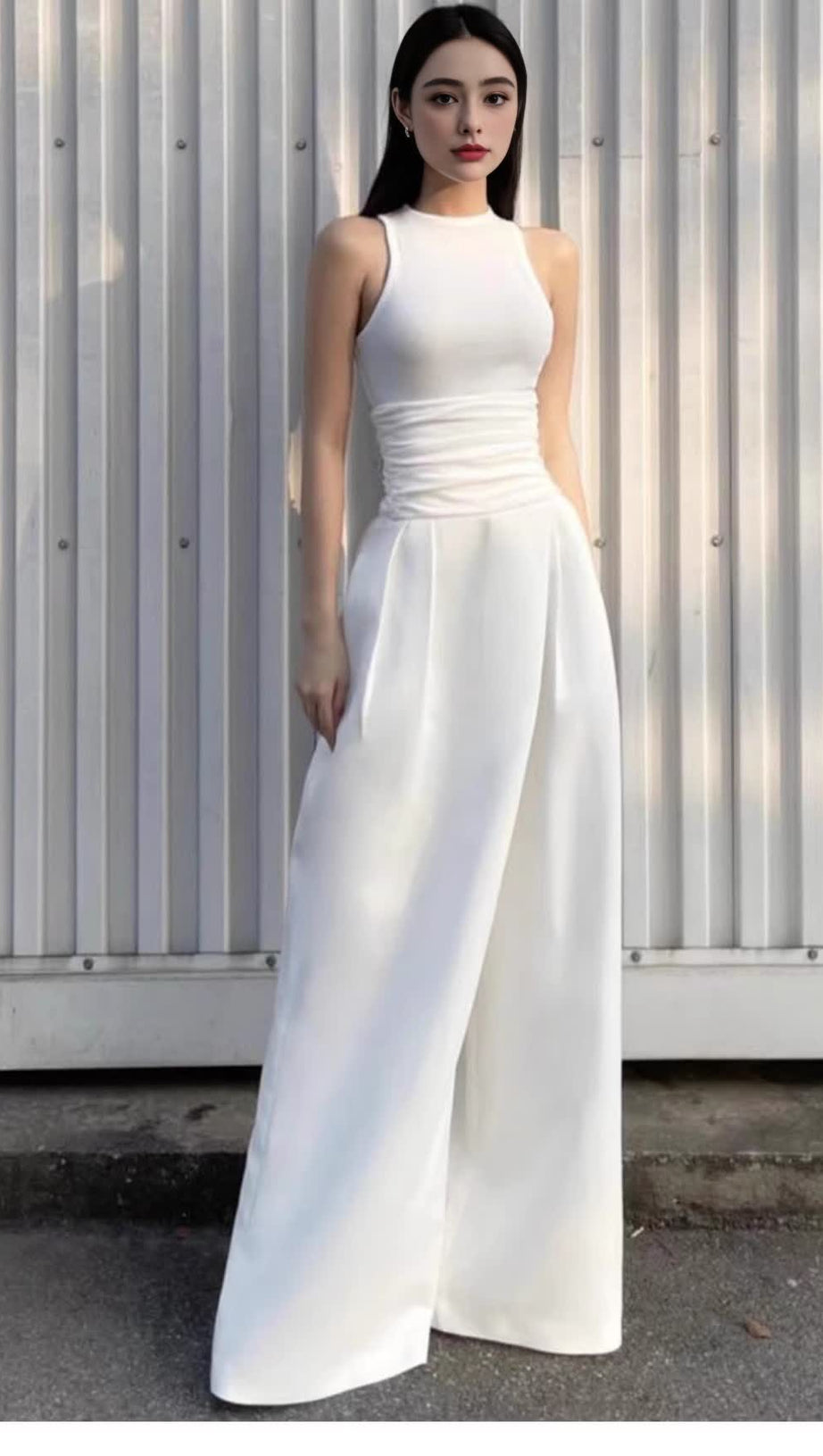 Ärmelloses Stretch-Tanktop-Set mit Bundfaltenhose in Weiß