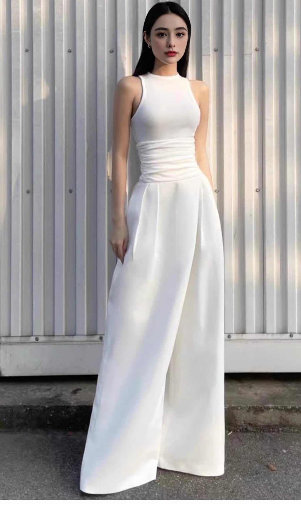 STRETCH SLEEVELESS TANK TOP PLEATED PANTS SET IN WHITE