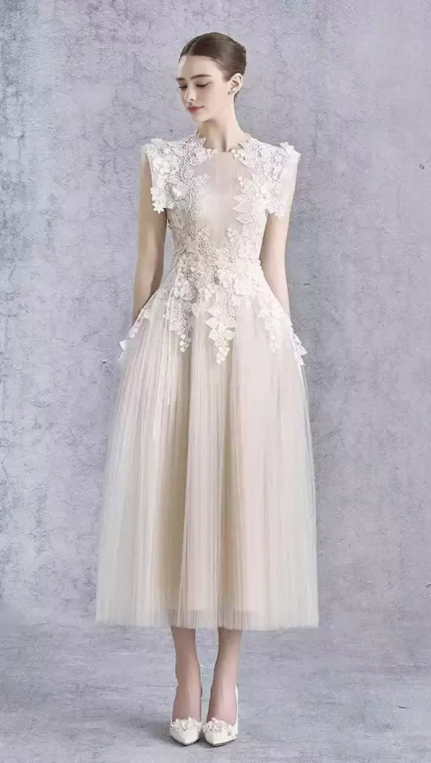 AIIZIE FLORAL APPLIQUÉ BODICE SLEEVELESS MIDI DRESS IN BEIGE - product image