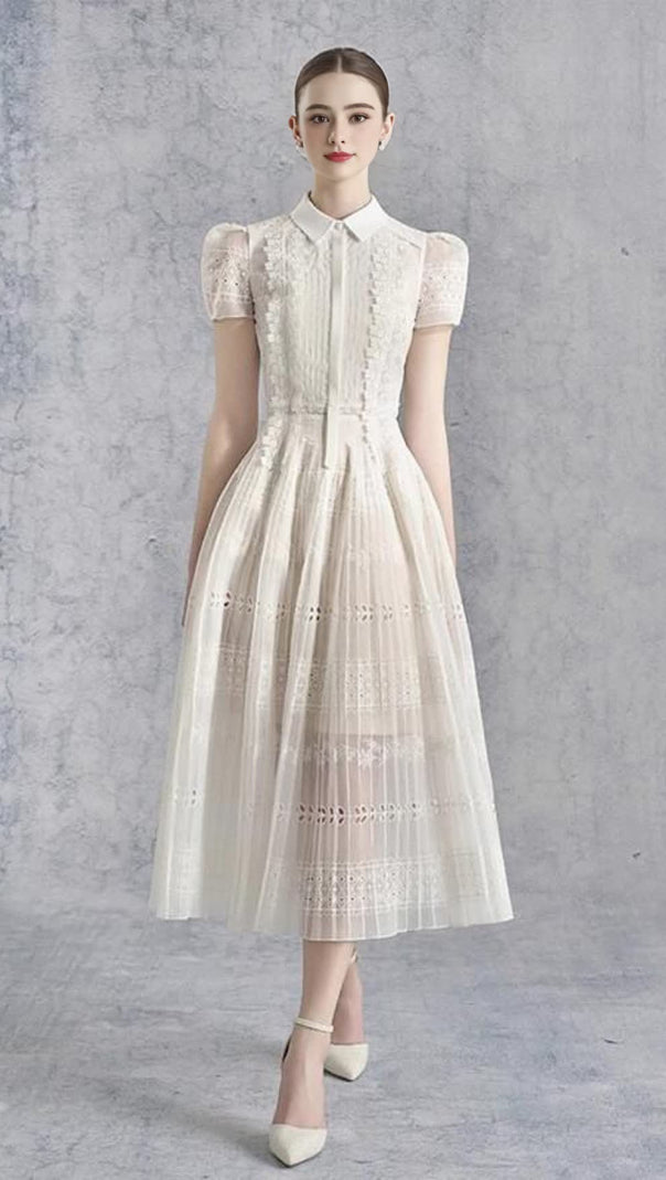 AIIZIE LACE HOLLOW EMBROIDERY MIDI DRESS IN APRICOT - product image