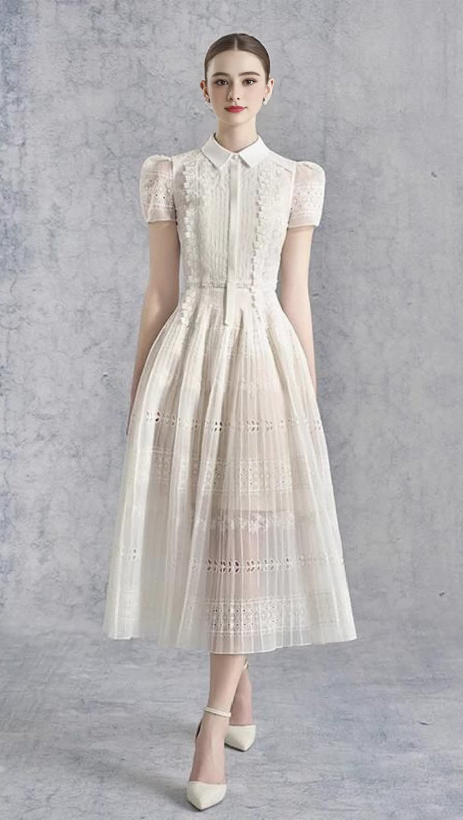 LACE HOLLOW EMBROIDERY MIDI DRESS IN APRICOT