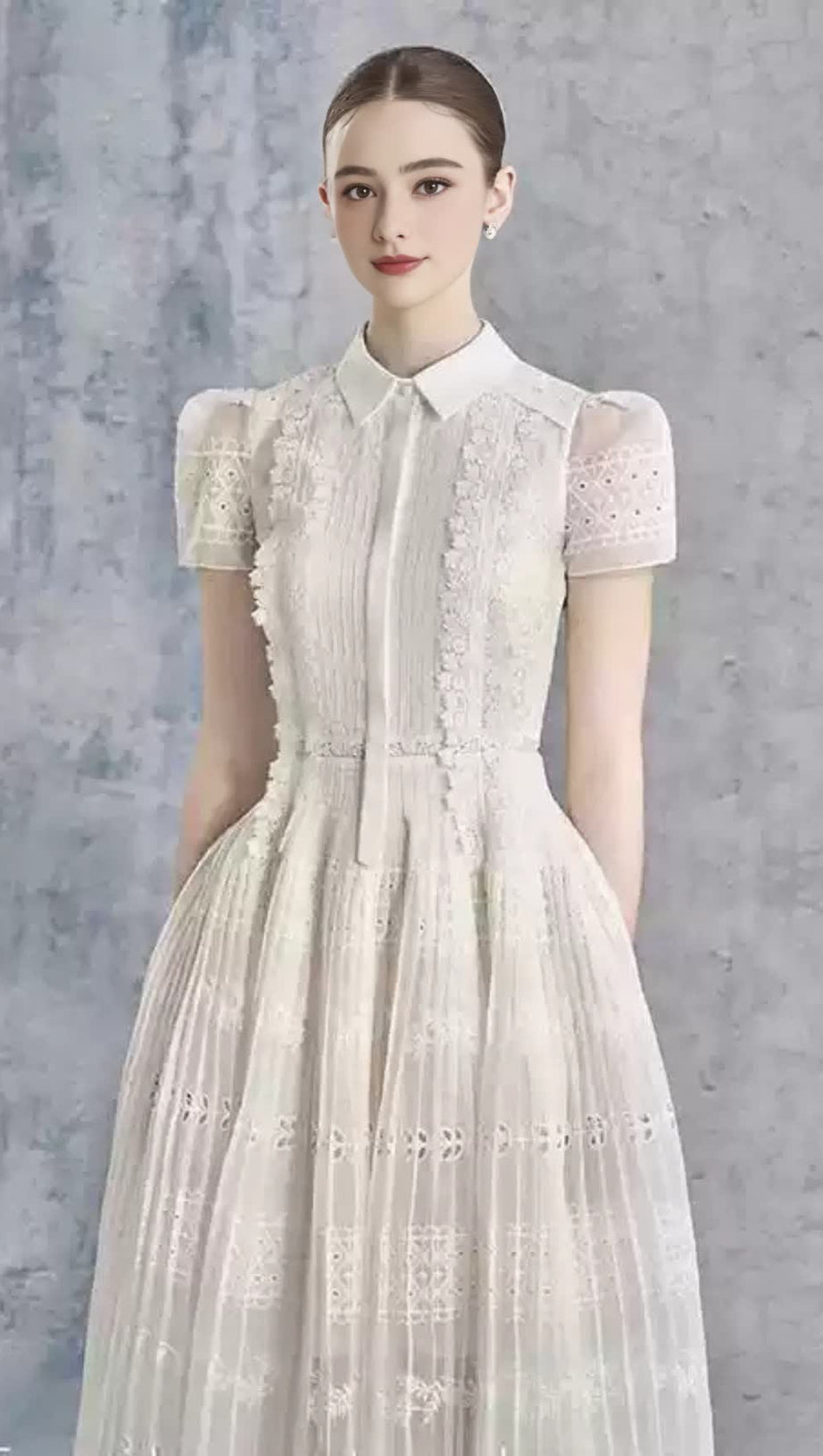 LACE HOLLOW EMBROIDERY MIDI DRESS IN APRICOT