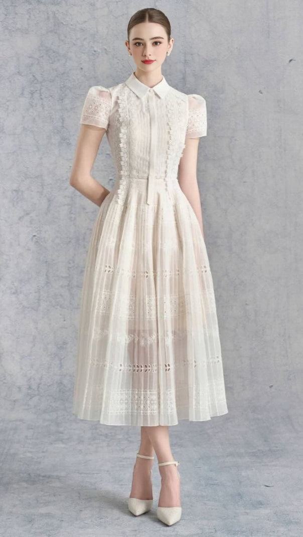 AIIZIE LACE HOLLOW EMBROIDERY MIDI DRESS IN APRICOT - product image