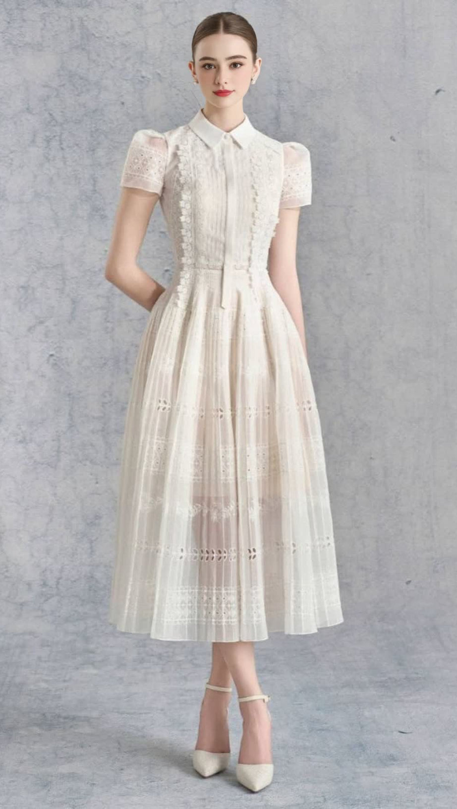 LACE HOLLOW EMBROIDERY MIDI DRESS IN APRICOT