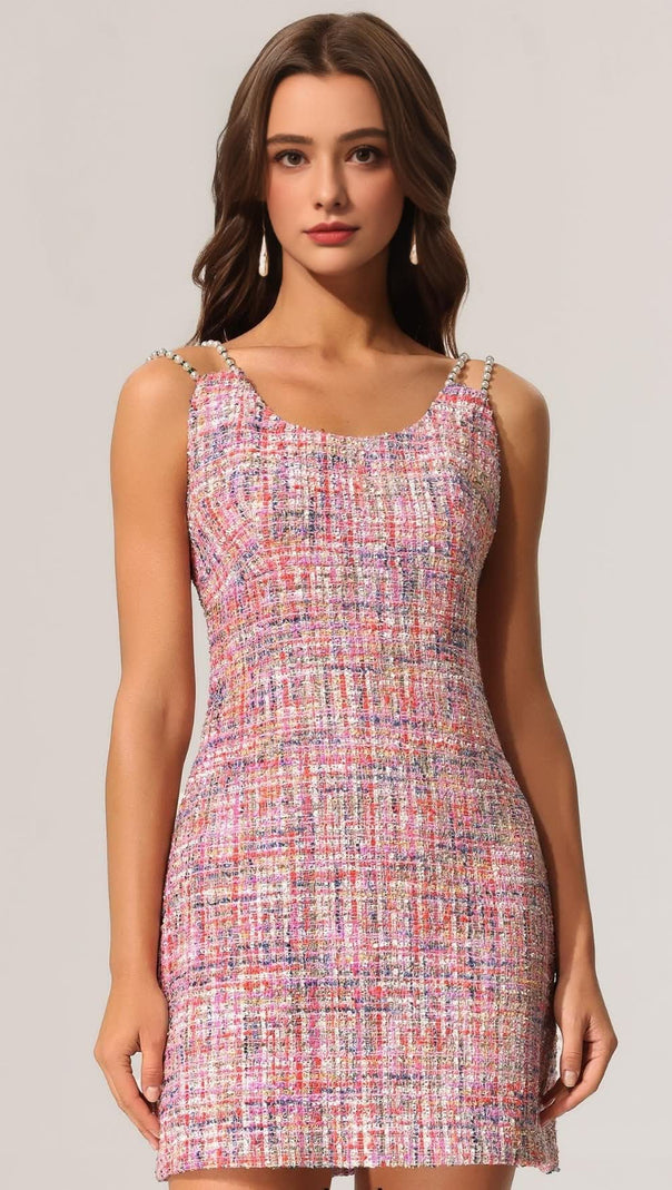 AIIZIE JOANNA ROUND NECK BRADDE CHAIN SLEEVELESS TWEED MINI DRESS - product image