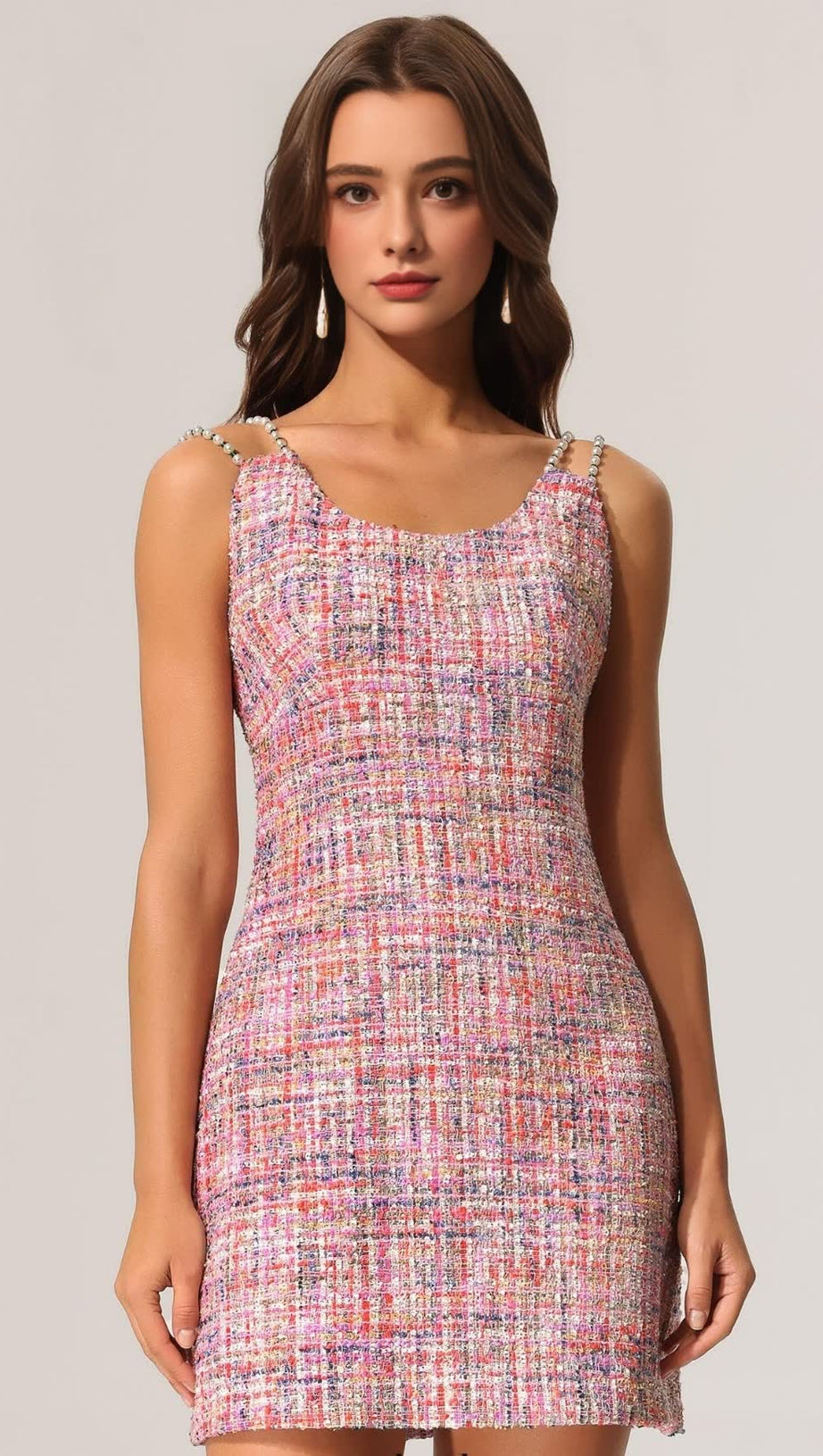 JOANNA ROUND NECK BRADDE CHAIN SLEEVELESS TWEED MINI DRESS