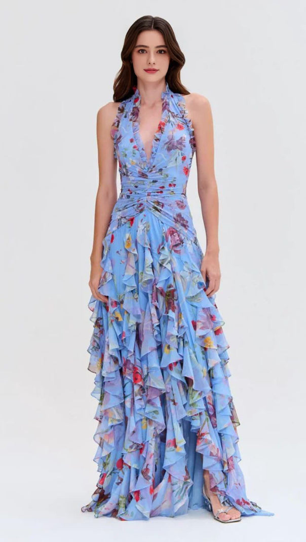 AIIZIE FLORAL HALTER RUFFLE TULLE MAXI DRESS IN BLUE - product image