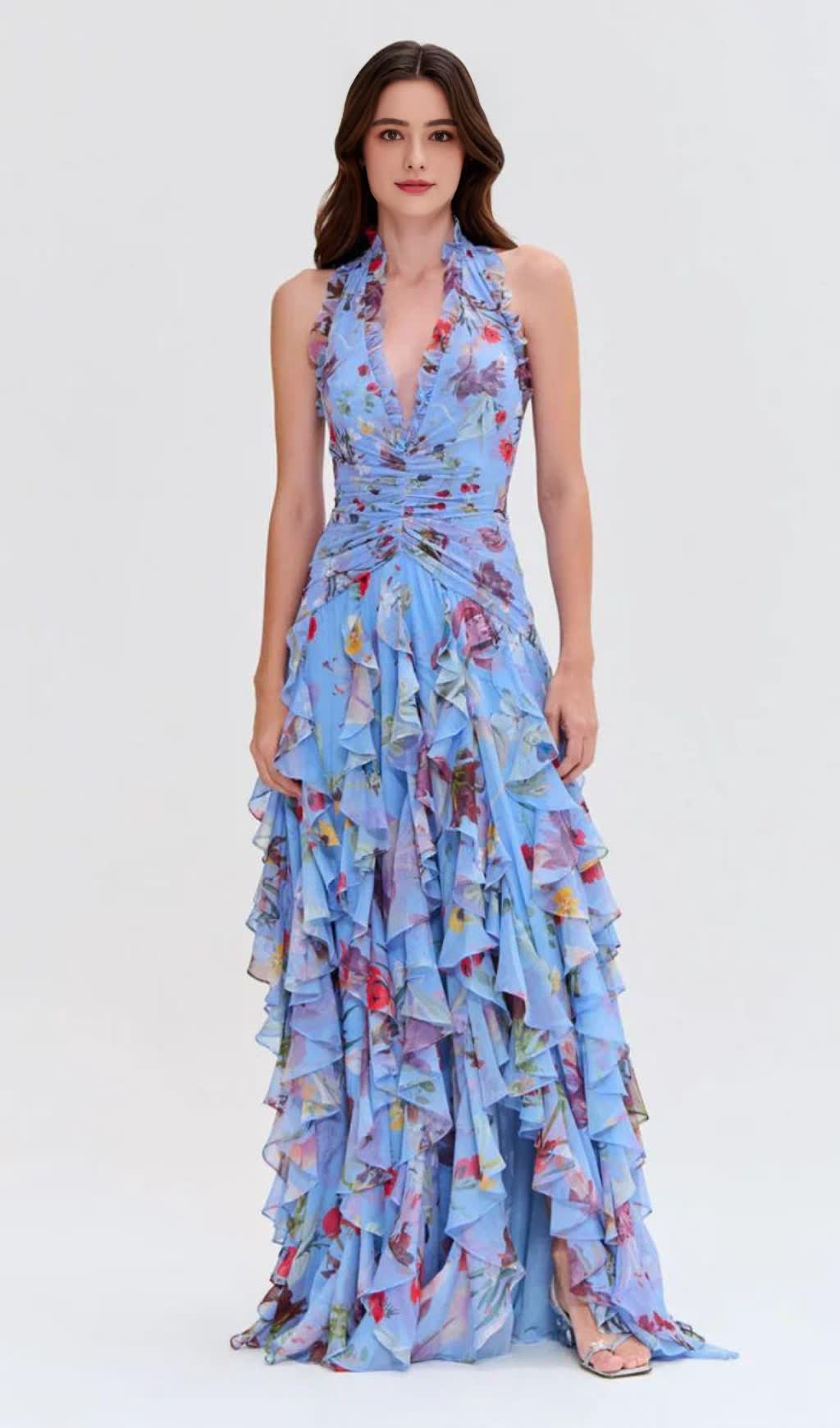 FLORAL HALTER RUFFLE TULLE MAXI DRESS IN BLUE