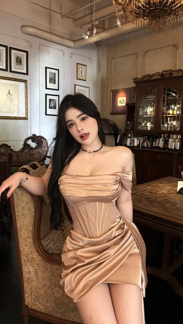 AIIZIE CHAMPAGNE GOLD OFF - SHOULDER SATIN HOCO MINI DRESS WITH CORSET - product image