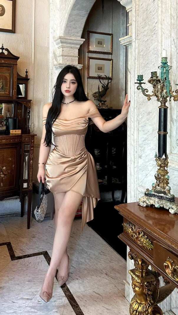 AIIZIE CHAMPAGNE GOLD OFF - SHOULDER SATIN HOCO MINI DRESS WITH CORSET - product image