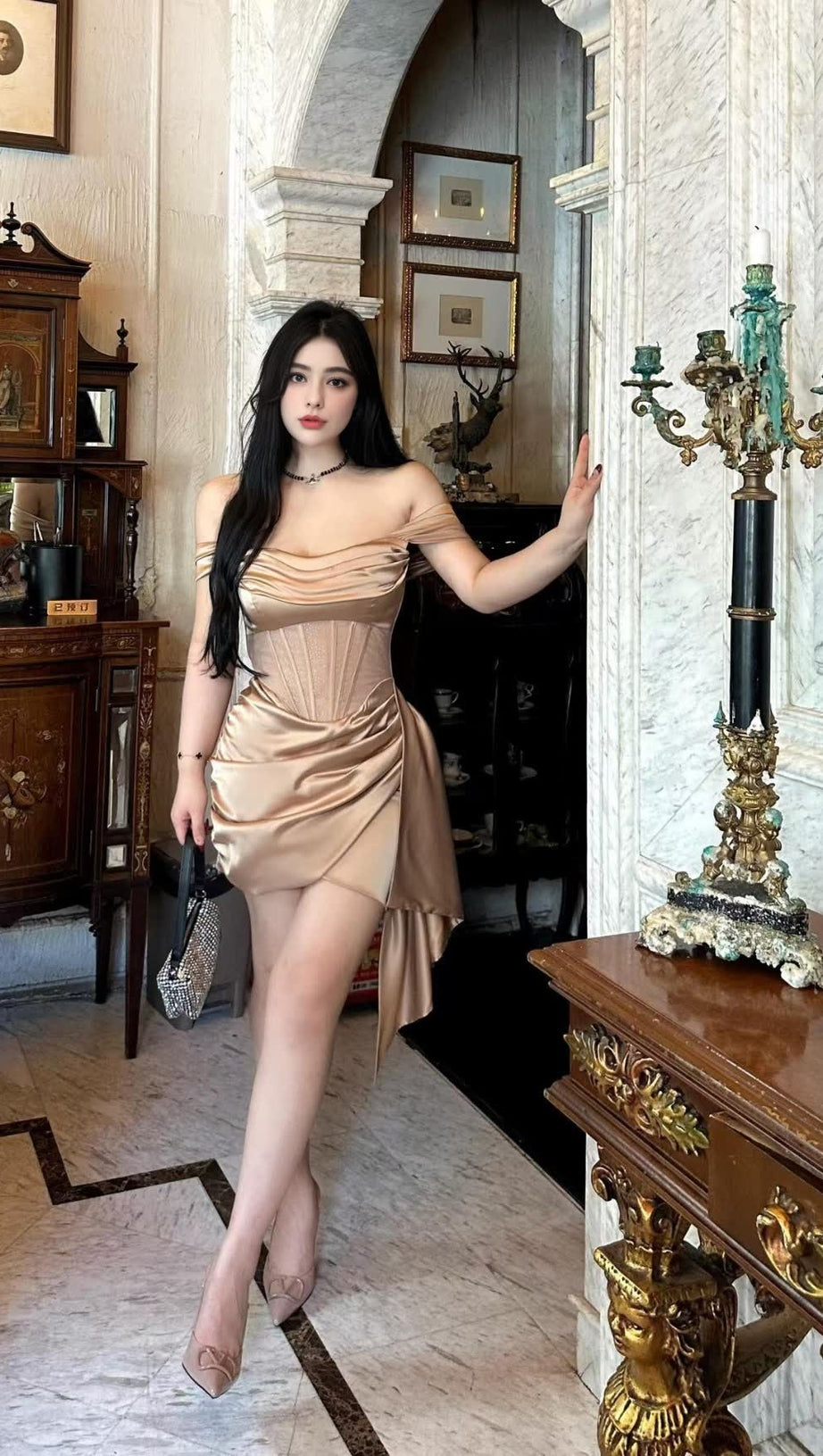 CHAMPAGNE GOLD OFF - SHOULDER SATIN HOCO MINI DRESS WITH CORSET