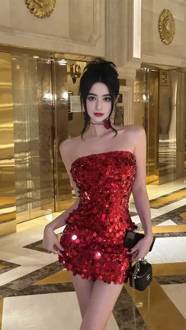 AIIZIE RED SEQUIN STRAPLESS HOCO MINI DRESS - product image