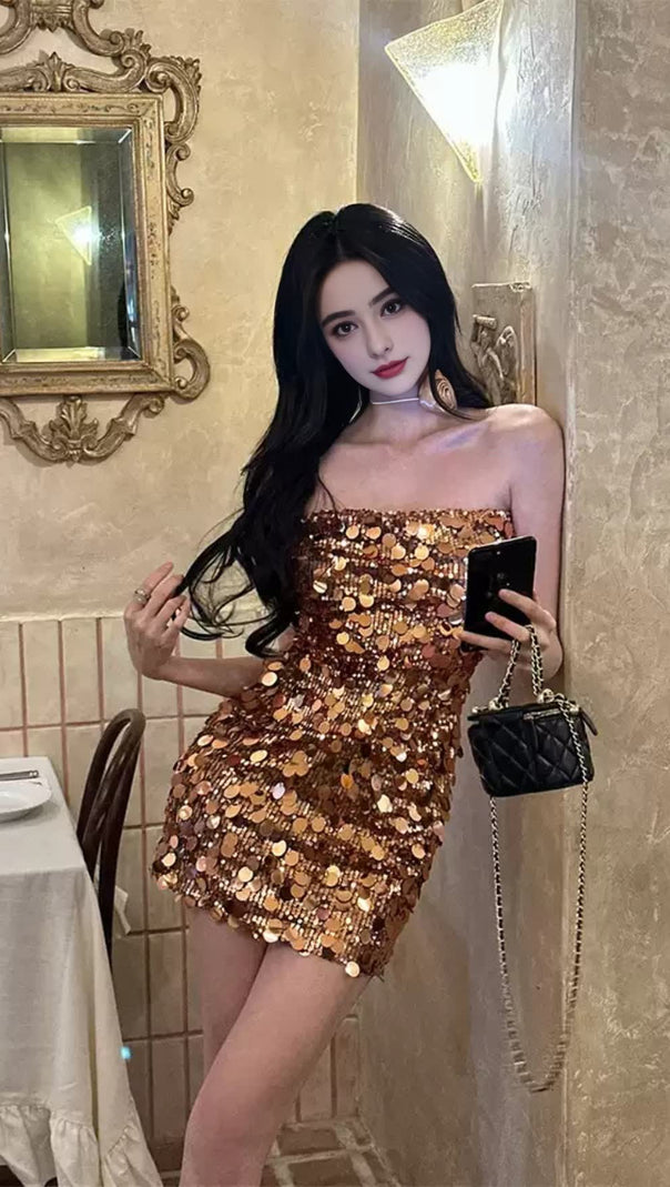 AIIZIE GOLDEN SEQUIN STRAPLESS HOCO MINI DRESS - product image