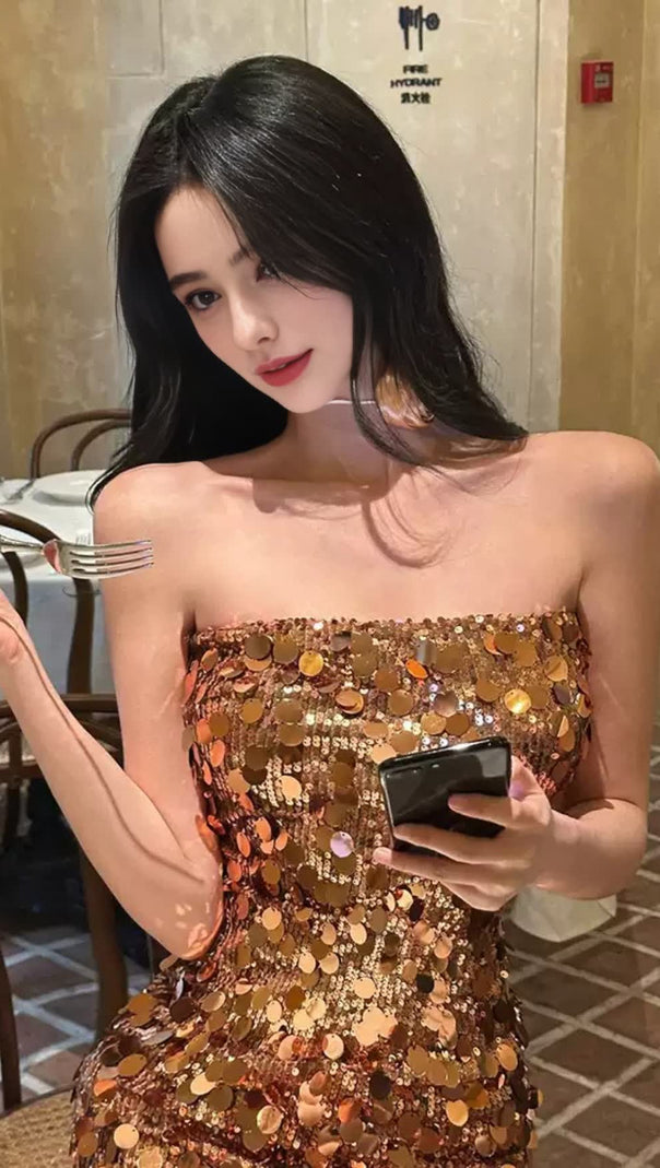 AIIZIE GOLDEN SEQUIN STRAPLESS HOCO MINI DRESS - product image