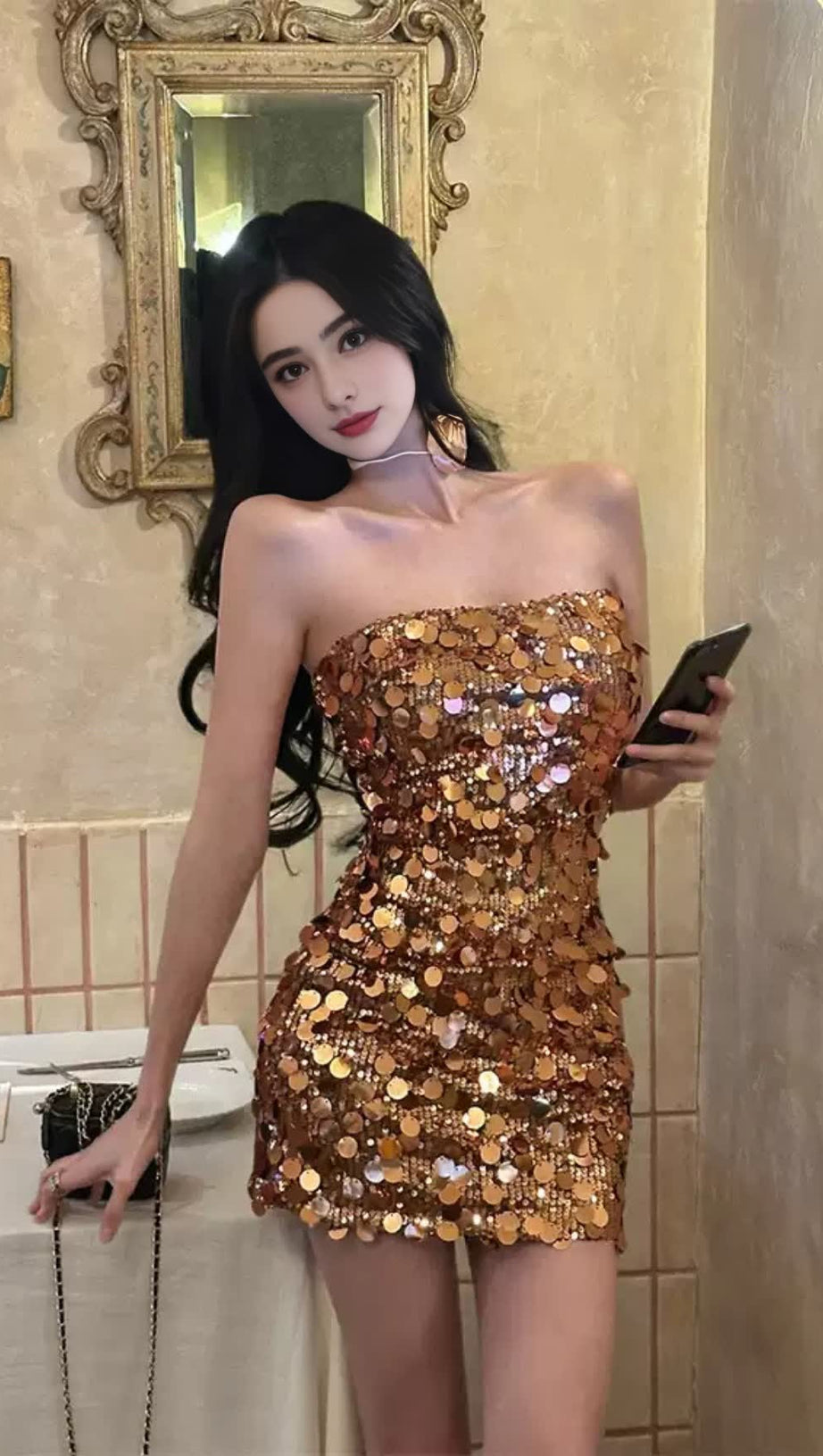 GOLDEN SEQUIN STRAPLESS HOCO MINI DRESS