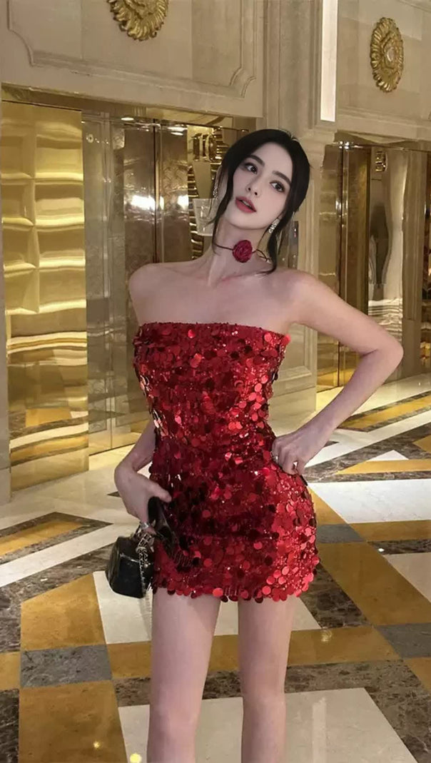 AIIZIE RED SEQUIN STRAPLESS HOCO MINI DRESS - product image
