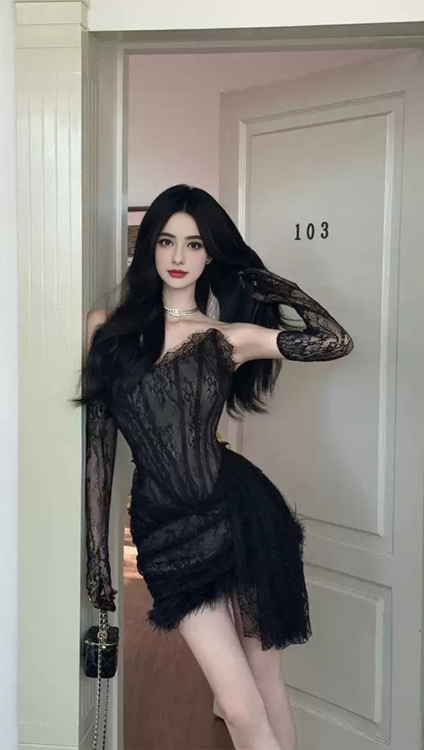 AIIZIE BLACK LACE OFF - SHOULDER FEATHER - TRIM HOCO MINI DRESS - product image