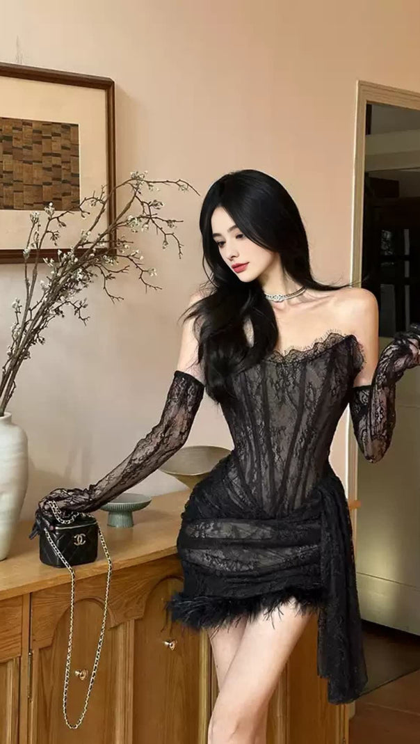 AIIZIE BLACK LACE OFF - SHOULDER FEATHER - TRIM HOCO MINI DRESS - product image
