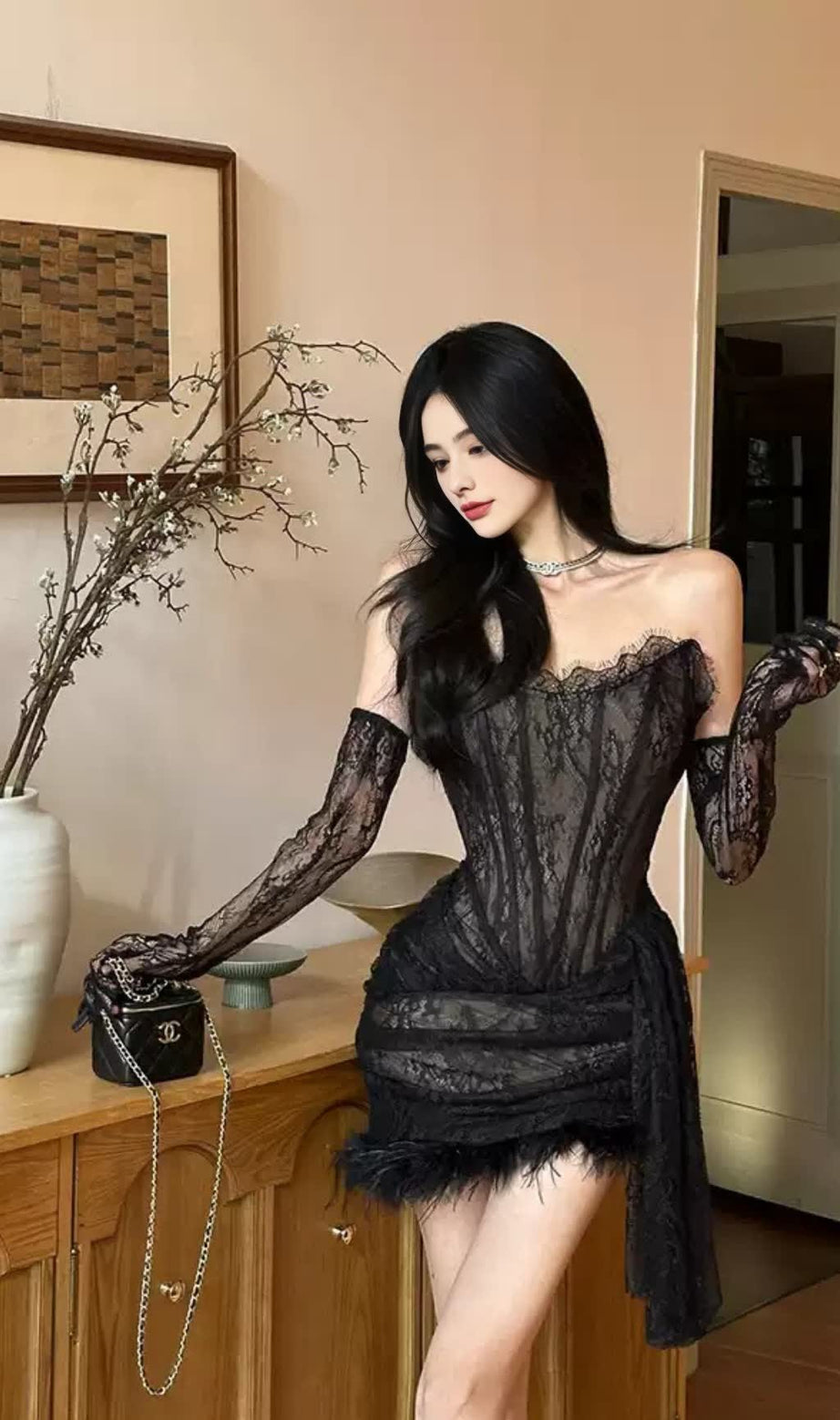 BLACK LACE OFF - SHOULDER FEATHER - TRIM HOCO MINI DRESS