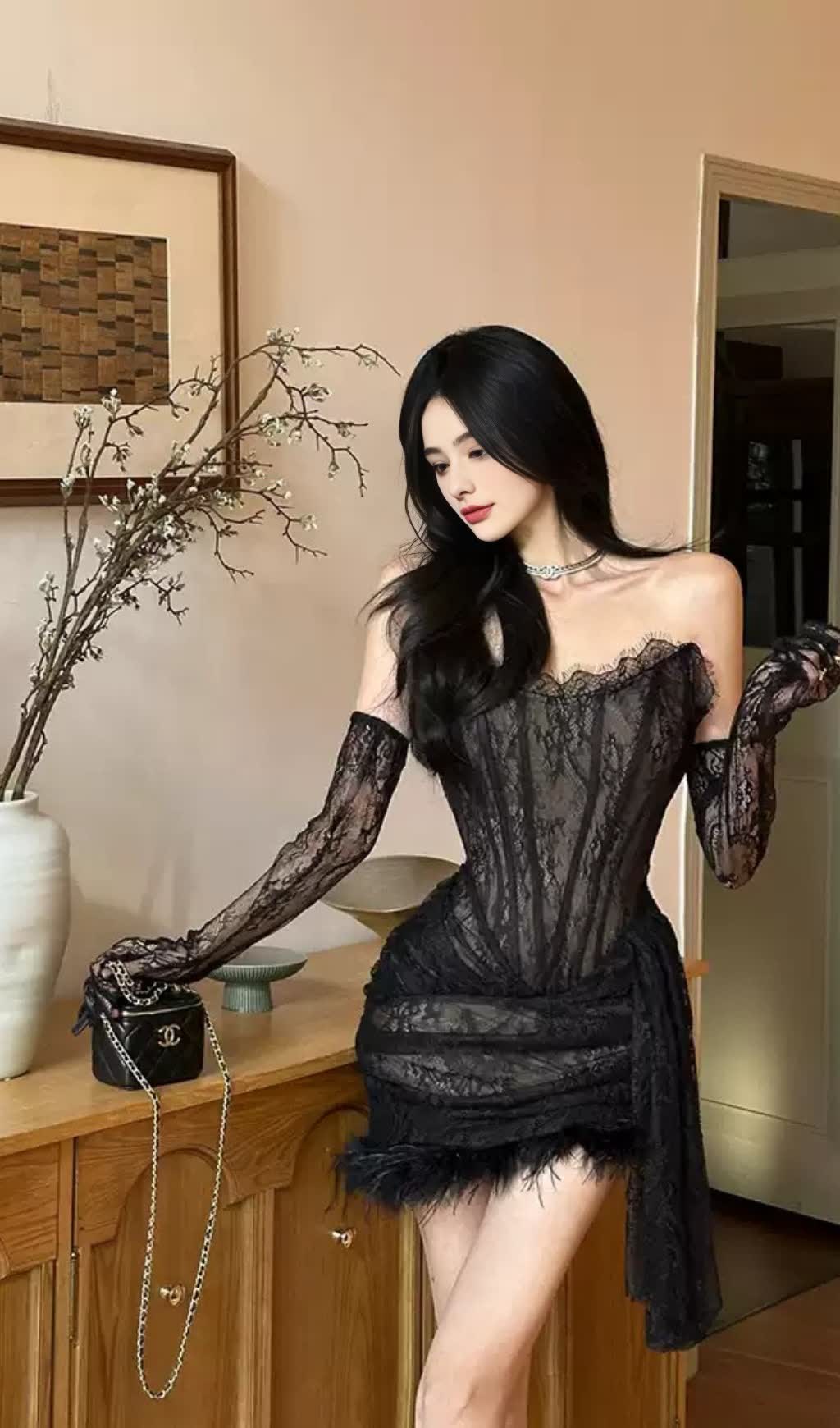 BLACK LACE OFF - SHOULDER FEATHER - TRIM HOCO MINI DRESS