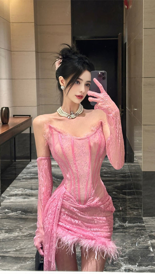 AIIZIE PINK LACE OFF - SHOULDER FEATHER - TRIM HOCO MINI DRESS - product image