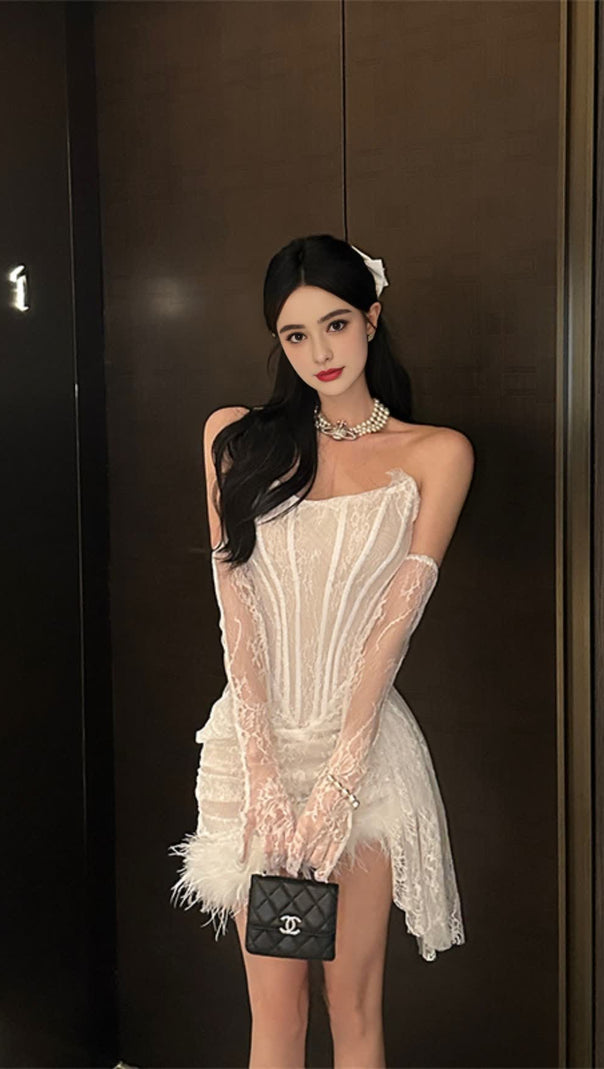 AIIZIE WHITE LACE OFF - SHOULDER FEATHER - TRIM HOCO MINI DRESS - product image