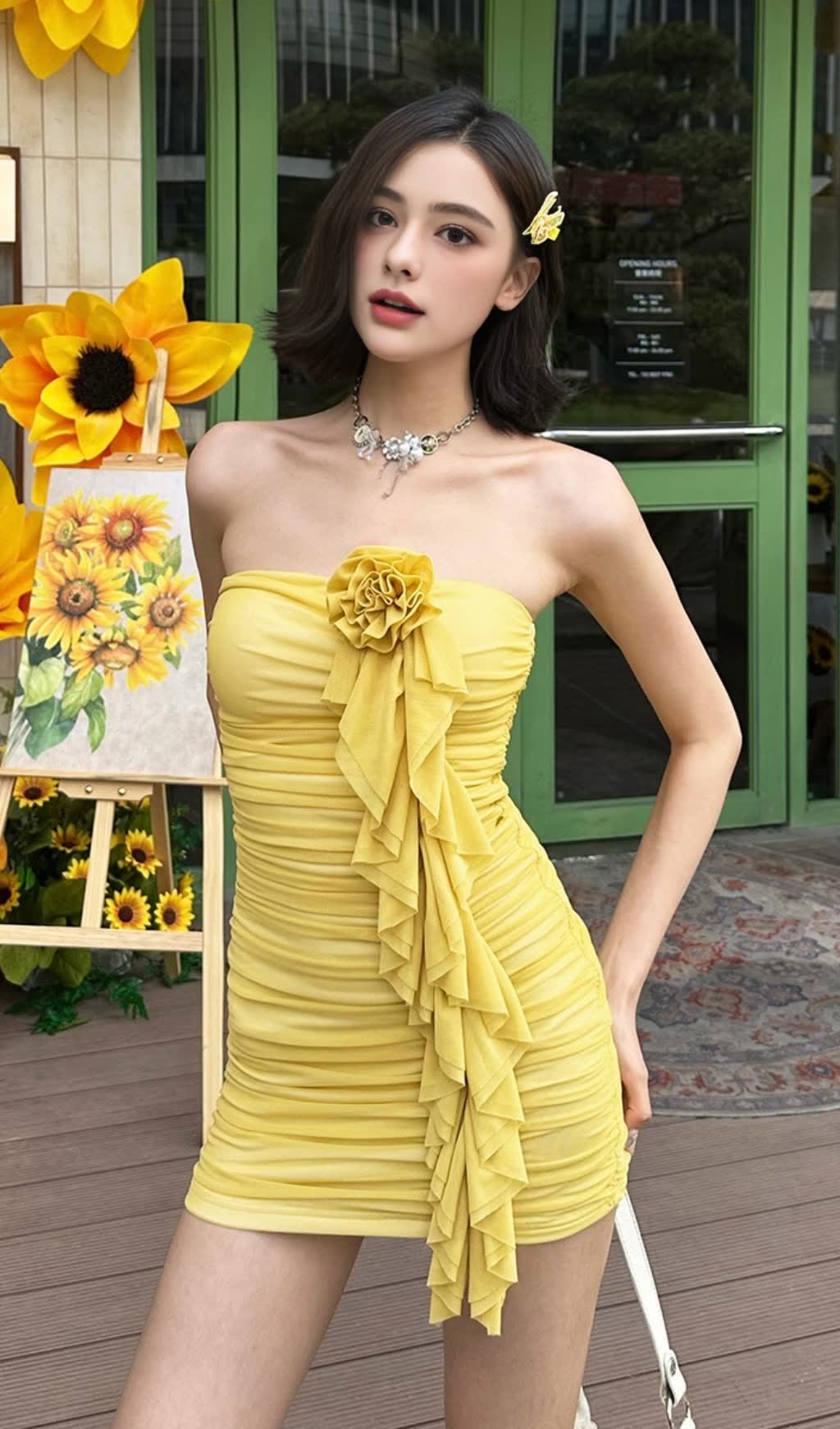 Yellow Strapless Ruffled Flower - Decor HOCO MINI DRESS