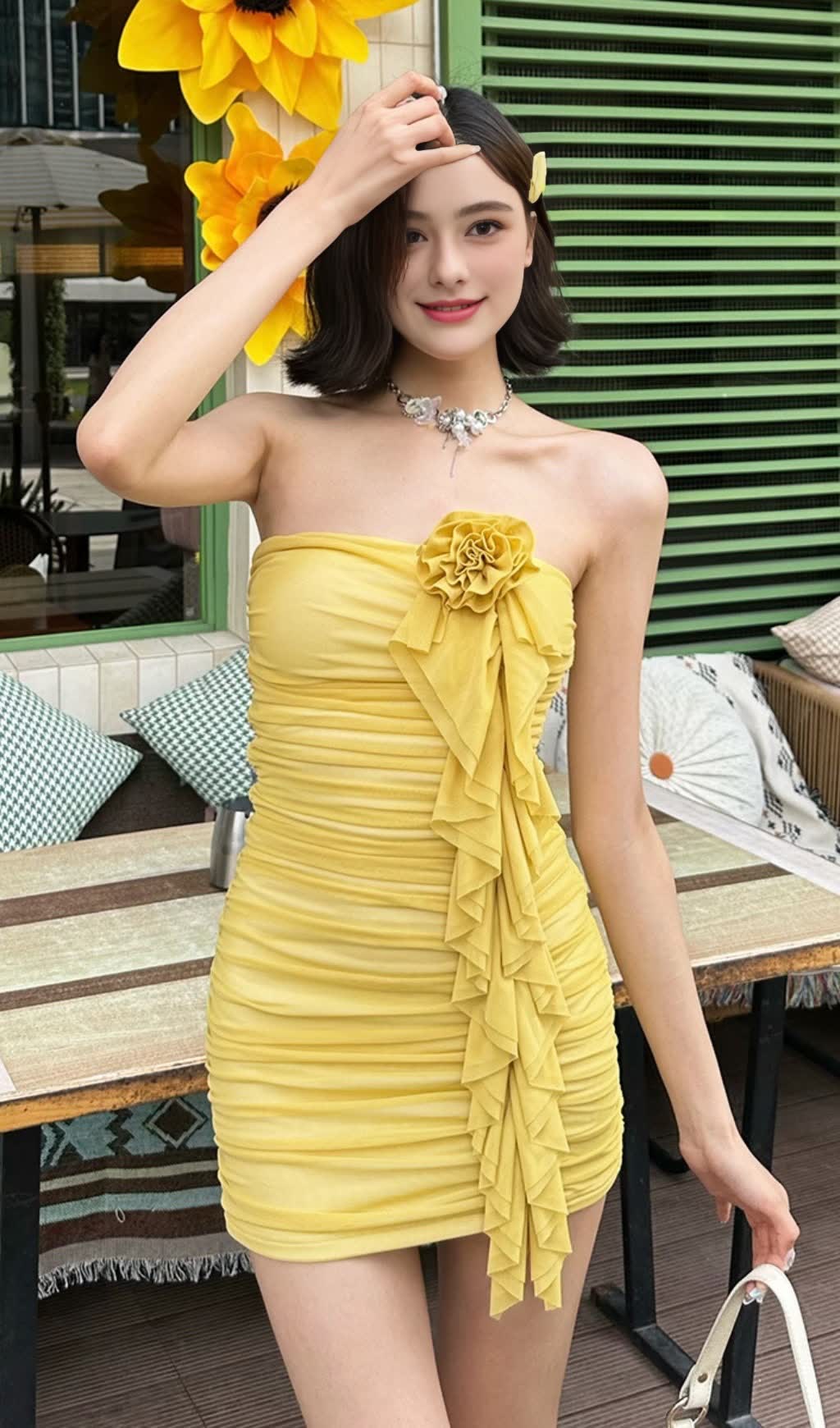 Yellow Strapless Ruffled Flower - Decor HOCO MINI DRESS