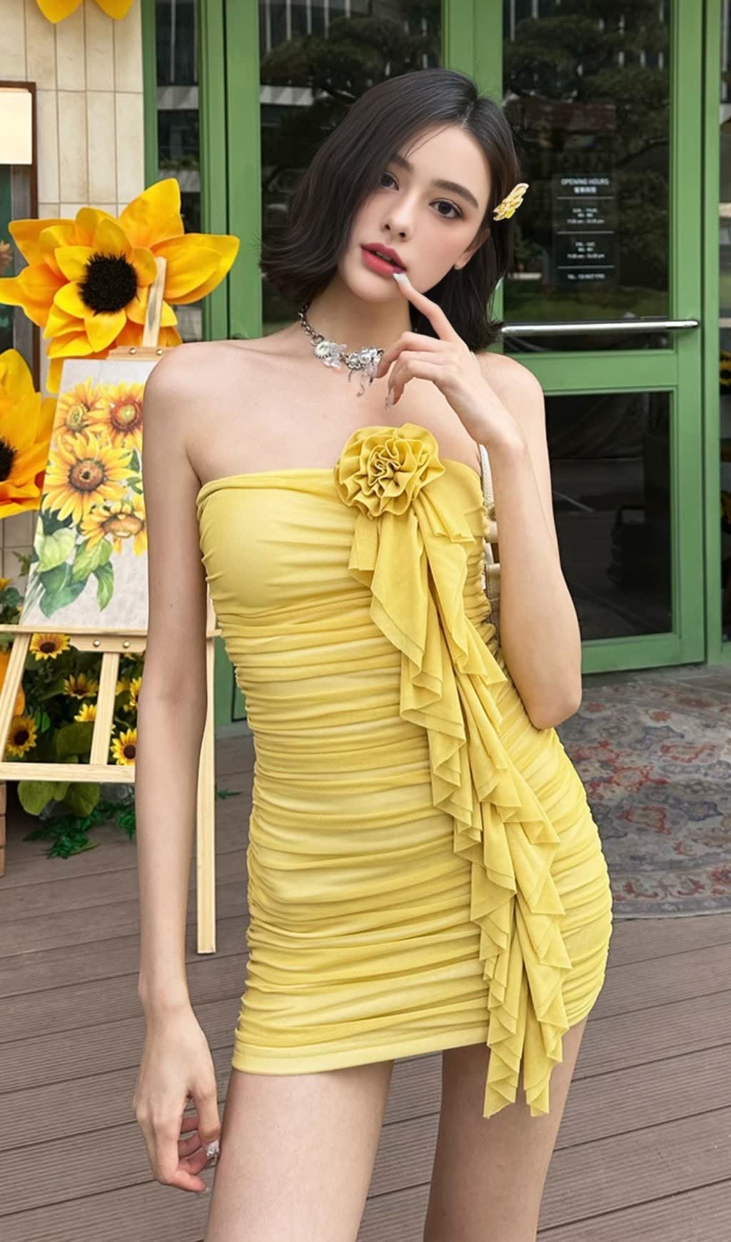 Yellow Strapless Ruffled Flower - Decor HOCO MINI DRESS