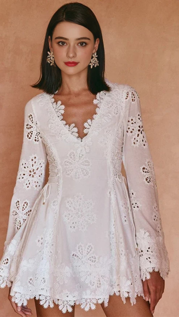 AIIZIE WHITE LACE V - NECK BELL - SLEEVE MINI DRESS FOR FALL - product image