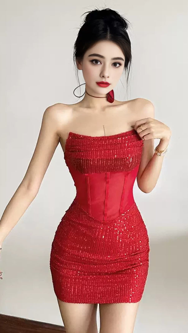 AIIZIE RED SEQUIN STRAPLESS MESH MINI HOCO DRESS - product image