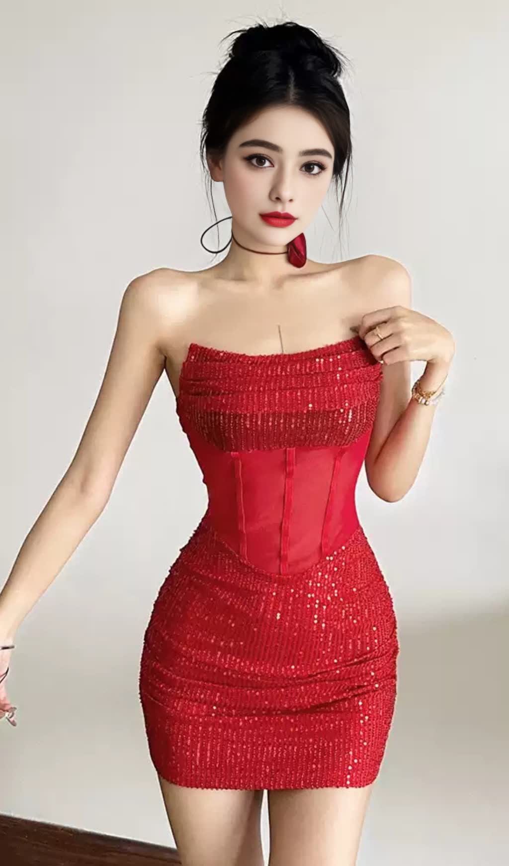 Red Sequin Strapless Mesh Mini  Hoco Dress
