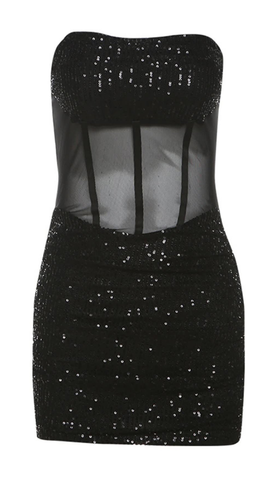 Schwarzes, trägerloses Mini-Hoco-Kleid aus Netzstoff mit Pailletten 