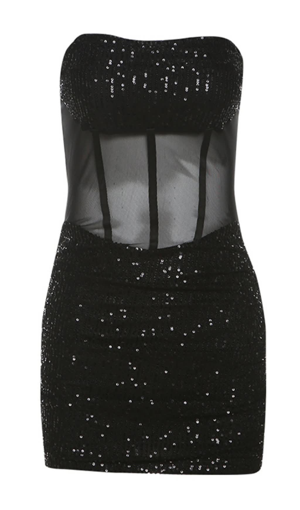 Black Sequin Strapless Mesh Mini  Hoco Dress